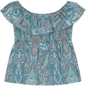 Lane Bryant Venezia 22/24 Blue Paisley‎ Smocked Ruffle Top Boho Y2K